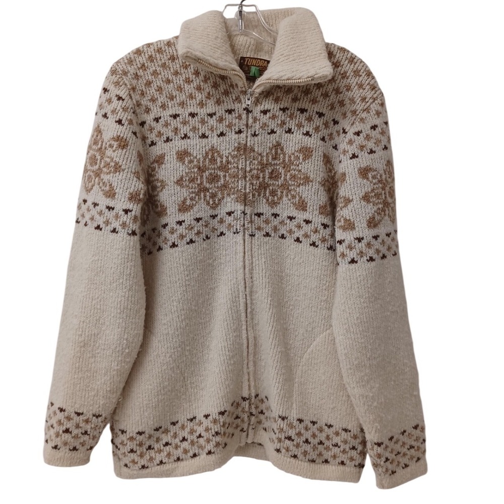 Tundra Mens Large 100% Virgin Wool Full Zip Sweater Beige Brown Fair Isle Canada